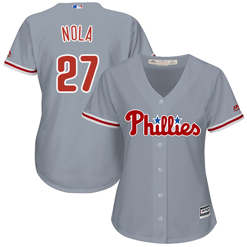 Phillies #27 Aaron Nola Grey Road Women's Stitched MLB Jersey - Click Image to Close
